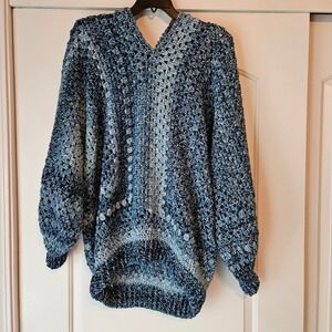 Hand‎ Crocheted Chunky Blue Sweater Silver Maple Stitches Hooded Oversized Heavy